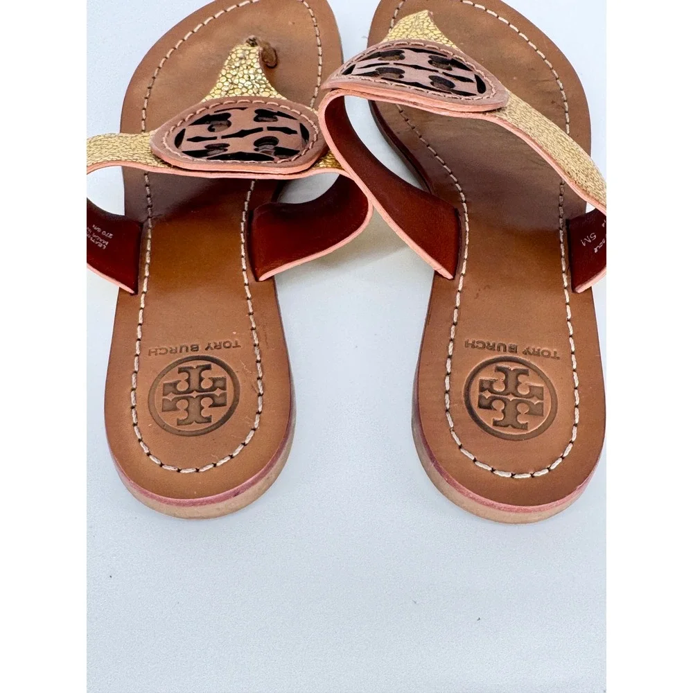 Tory Burch Miller Metallic Gold Leather Logo Thong Sandals Women's 5.5